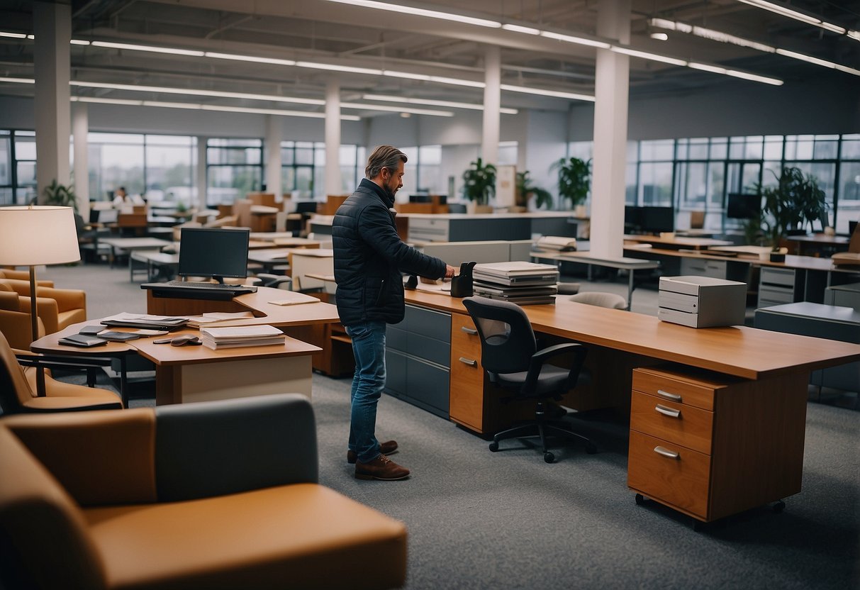 A customer selects a sleek desk from a variety of second-hand office furniture. The showroom is filled with neatly arranged chairs, tables, and storage units, all in excellent condition