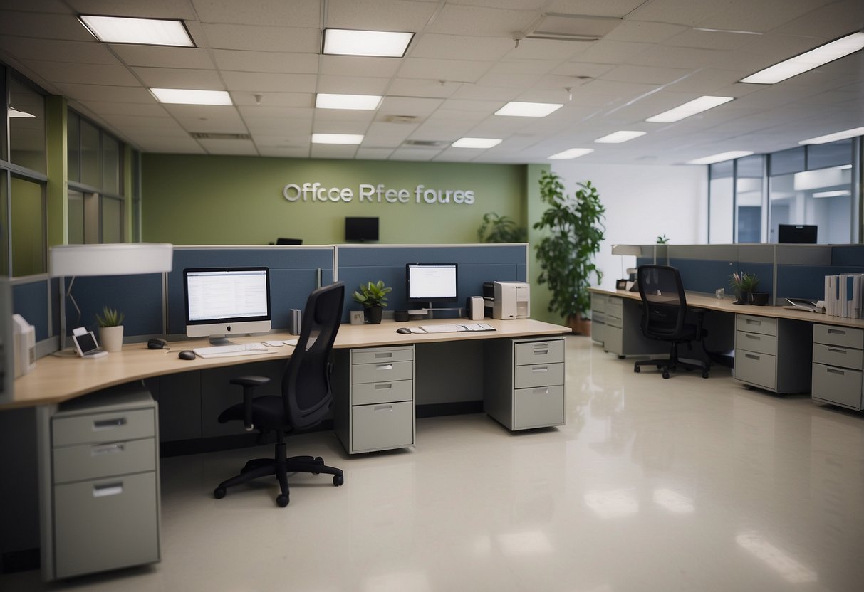 A modern office space with rows of desks and chairs. Shelves filled with office supplies and a reception area with a sign reading "Frequently Asked Questions 2nd office furniture."