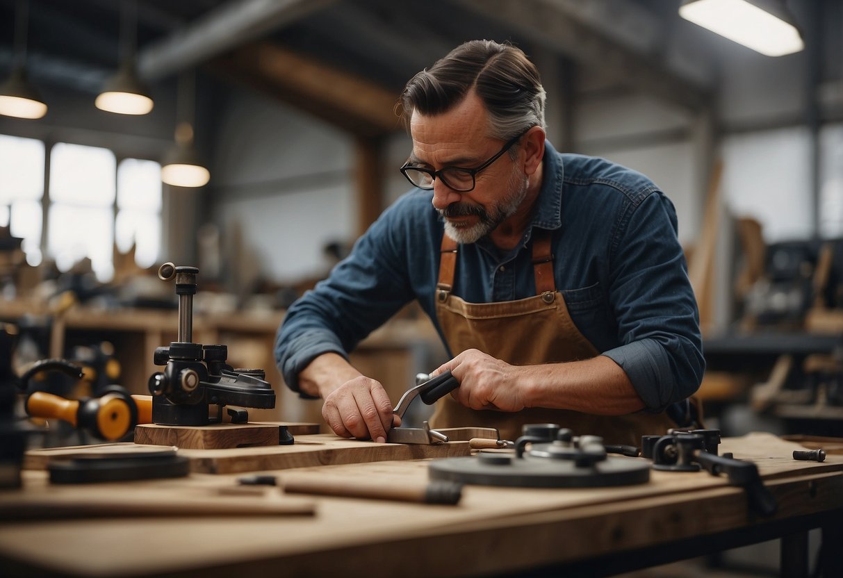 A workshop with various tools and materials, a custom-made furniture piece in progress, and a skilled craftsman working on intricate details
