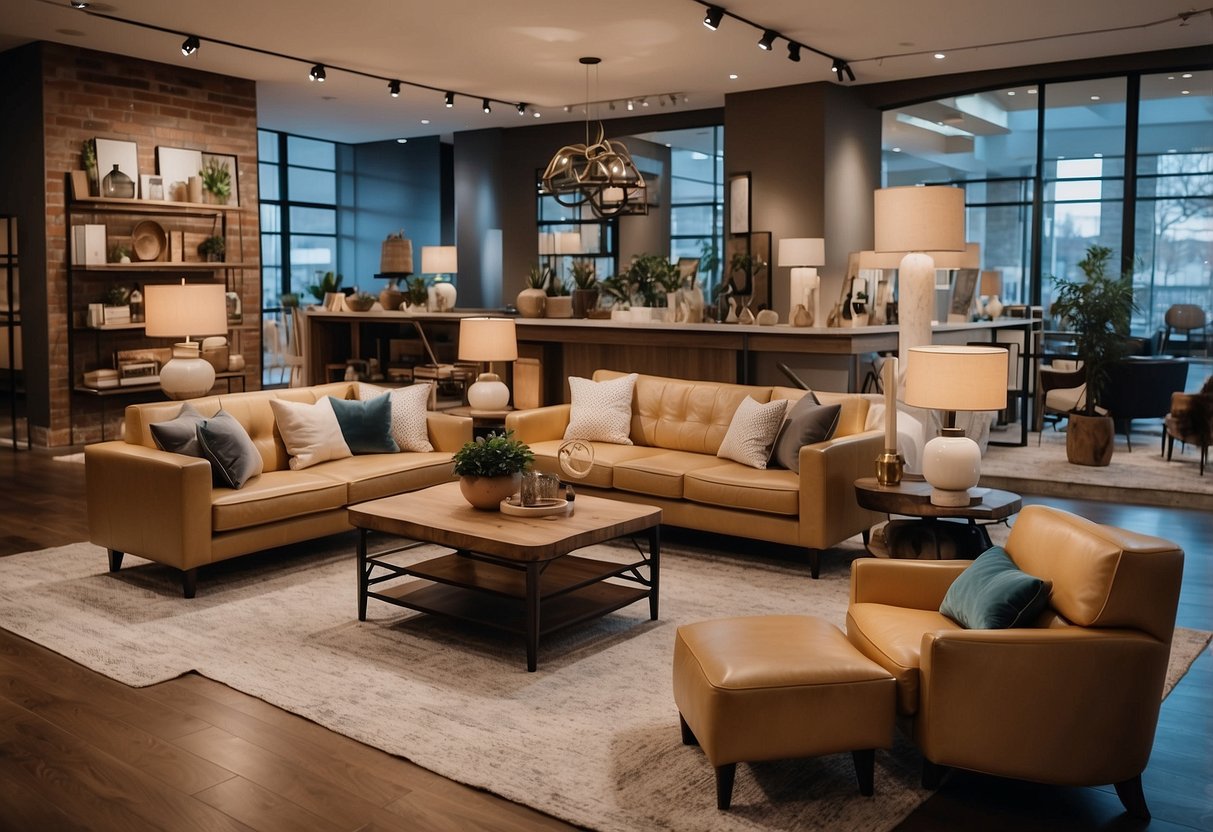 A cozy showroom with various custom furniture pieces on display, including unique designs and high-quality materials. Bright lighting and a welcoming atmosphere invite customers to explore their options