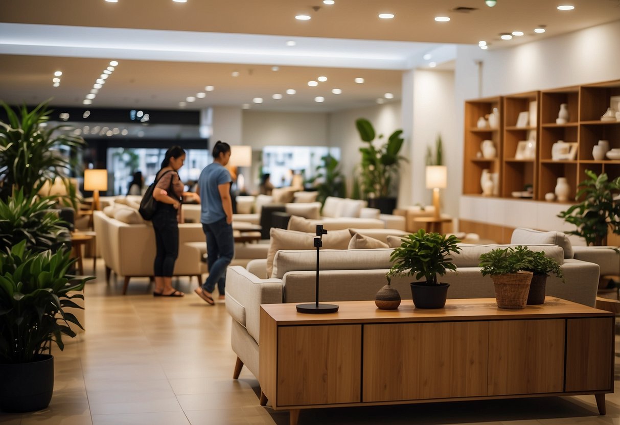 Customers browsing through a variety of furniture displays in a spacious and well-lit showroom at Toa Payoh 177