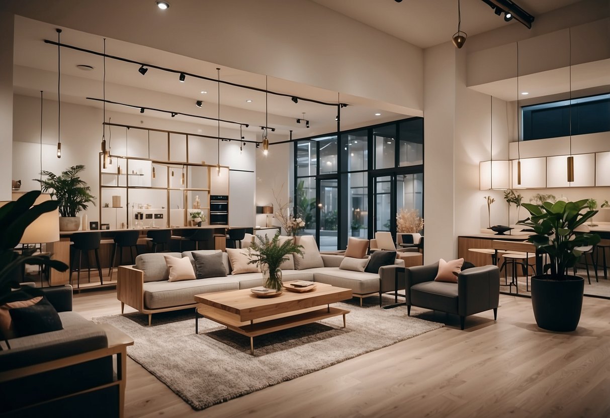 A modern, minimalist furniture showroom with sleek designs and a variety of styles. Bright lighting and spacious layout create an inviting atmosphere