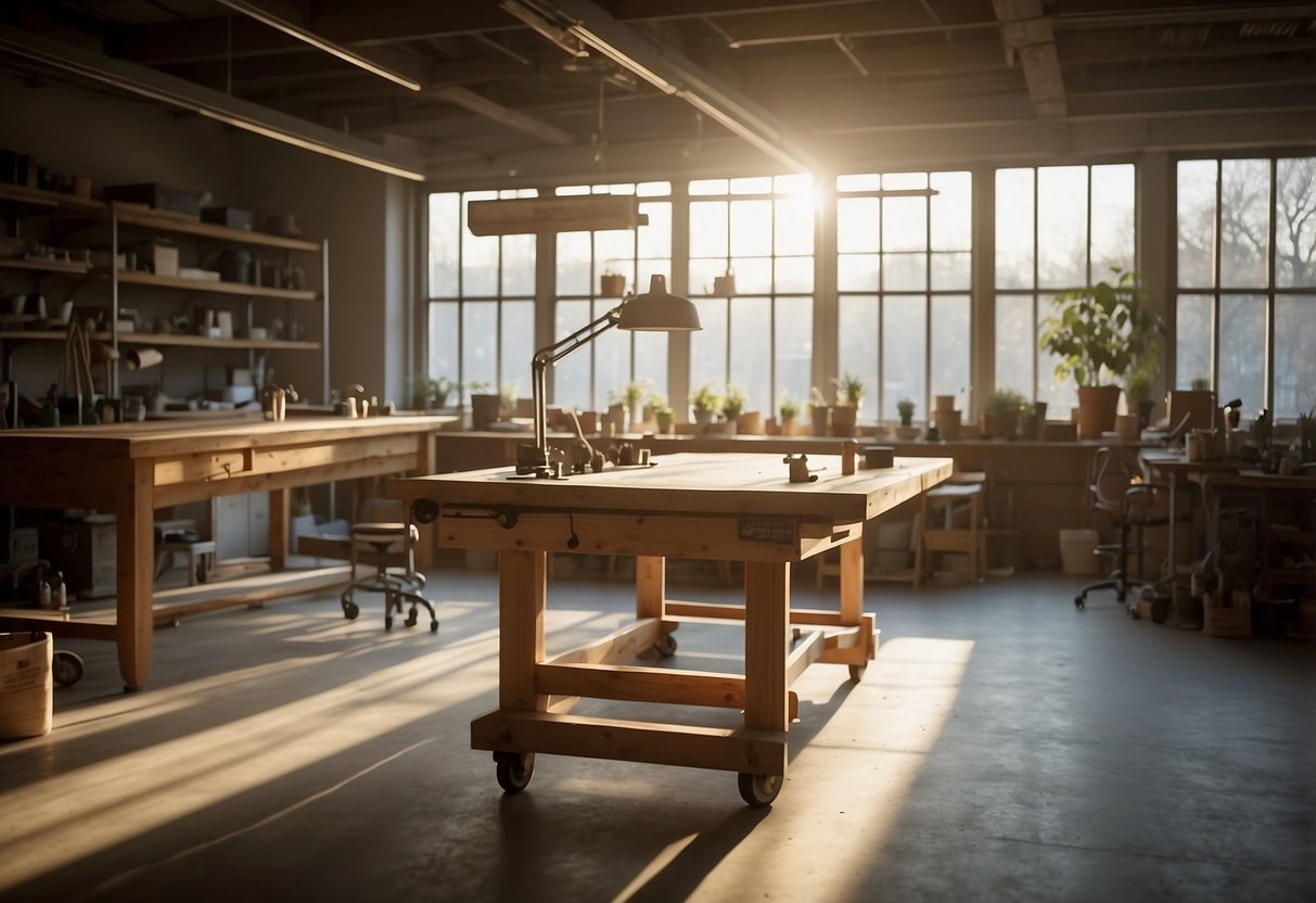 A custom furniture workshop with tools, wood, and designs on a drafting table. Light streams in through large windows, illuminating the space