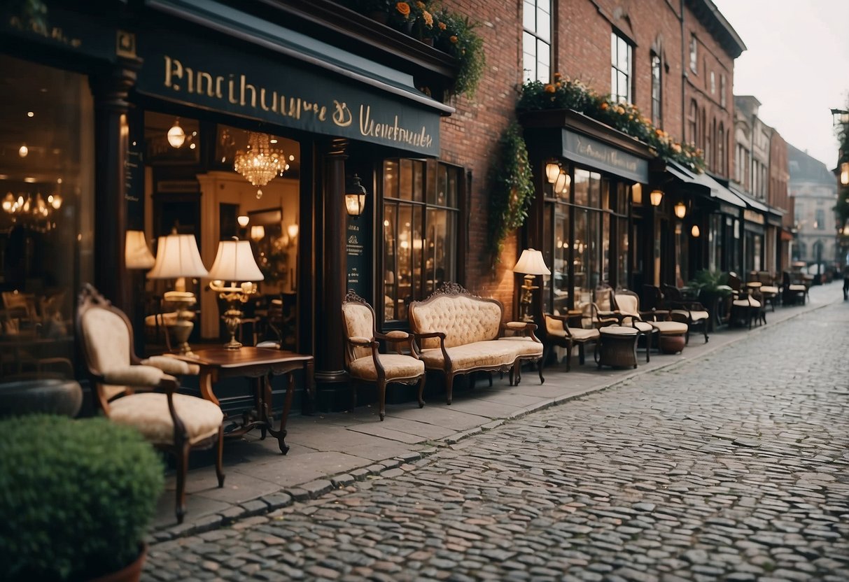 Antique furniture stores line the cobblestone street, their windows filled with ornate dressers, elegant armchairs, and vintage chandeliers