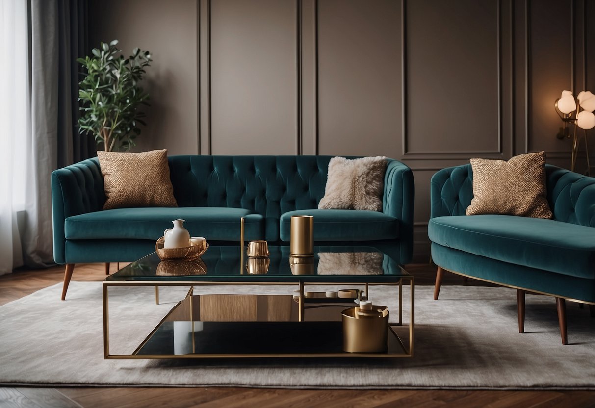 A cozy living room with a sleek, modern sofa, a stylish coffee table, and a set of elegant armchairs from Amore Furniture