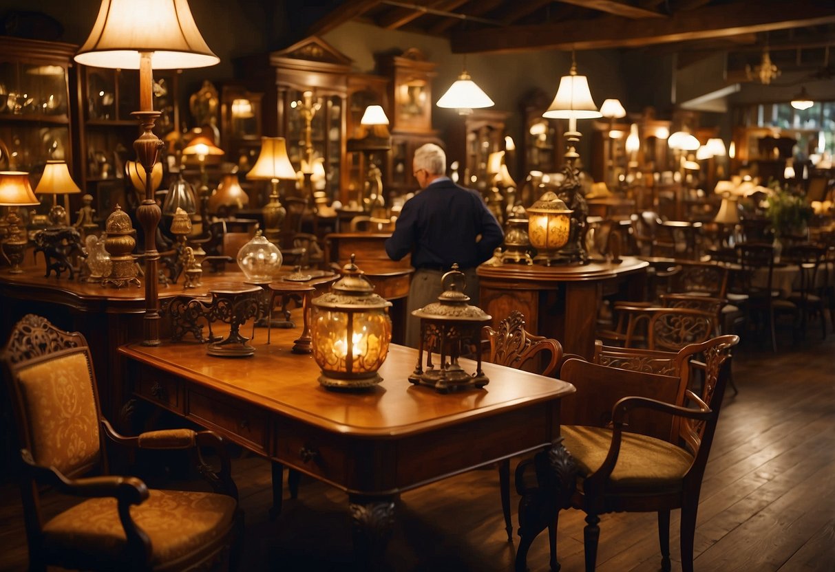 Customers browse through vintage chairs, tables, and cabinets in a dimly lit antique furniture store. The warm glow of old-fashioned lamps illuminates the rich, aged wood and intricate carvings