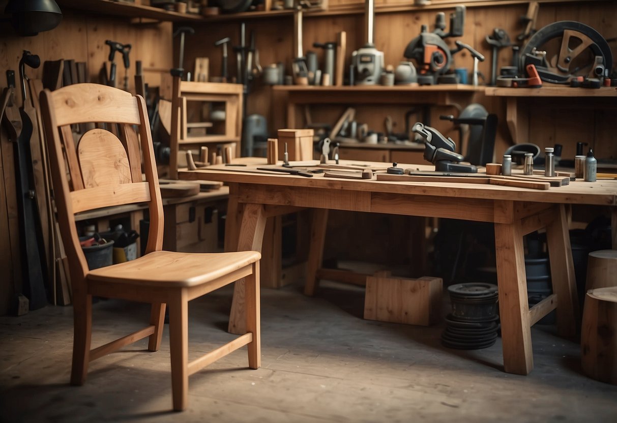 A workshop filled with tools and wood, with a table surrounded by unfinished furniture pieces and a craftsman's signature etched into a finished chair