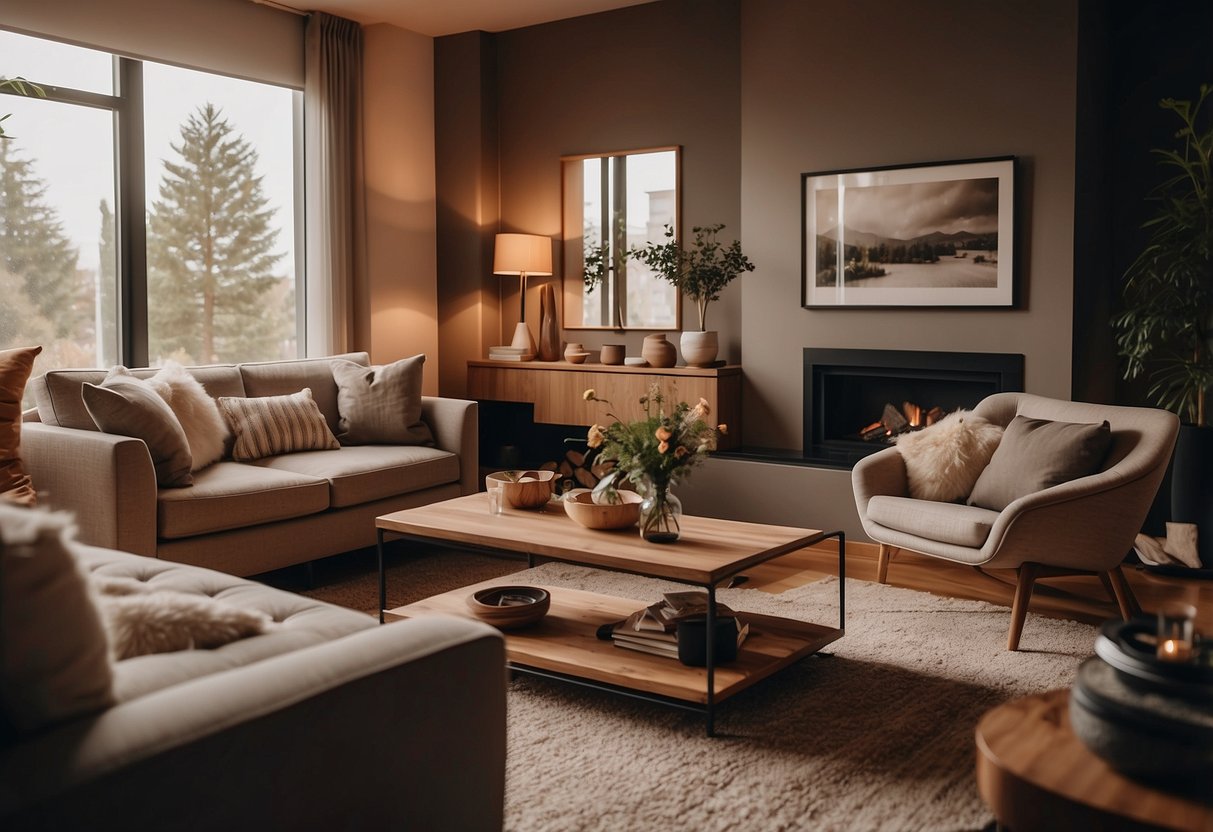A cozy living room with modern furniture, soft lighting, and a warm color palette. Comfortable seating, stylish decor, and a welcoming ambiance