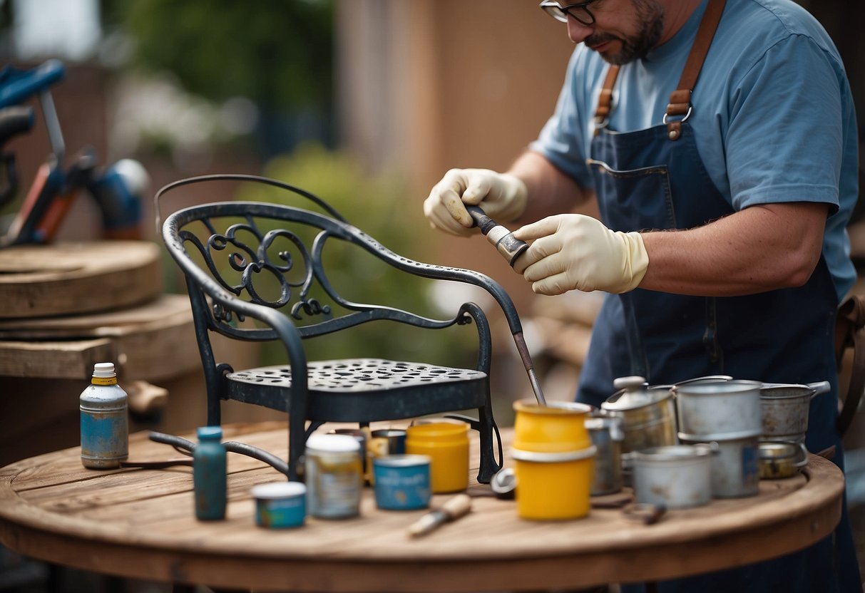 A person is sanding and painting a wrought iron chair to protect it from rust. The chair is surrounded by tools and paint cans