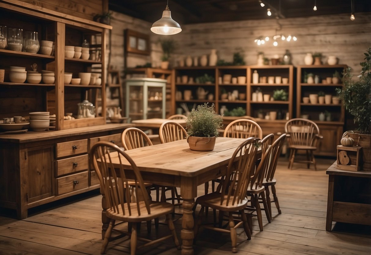 Rustic wooden chairs and tables, vintage cabinets, and handcrafted shelves fill the cozy country furniture store