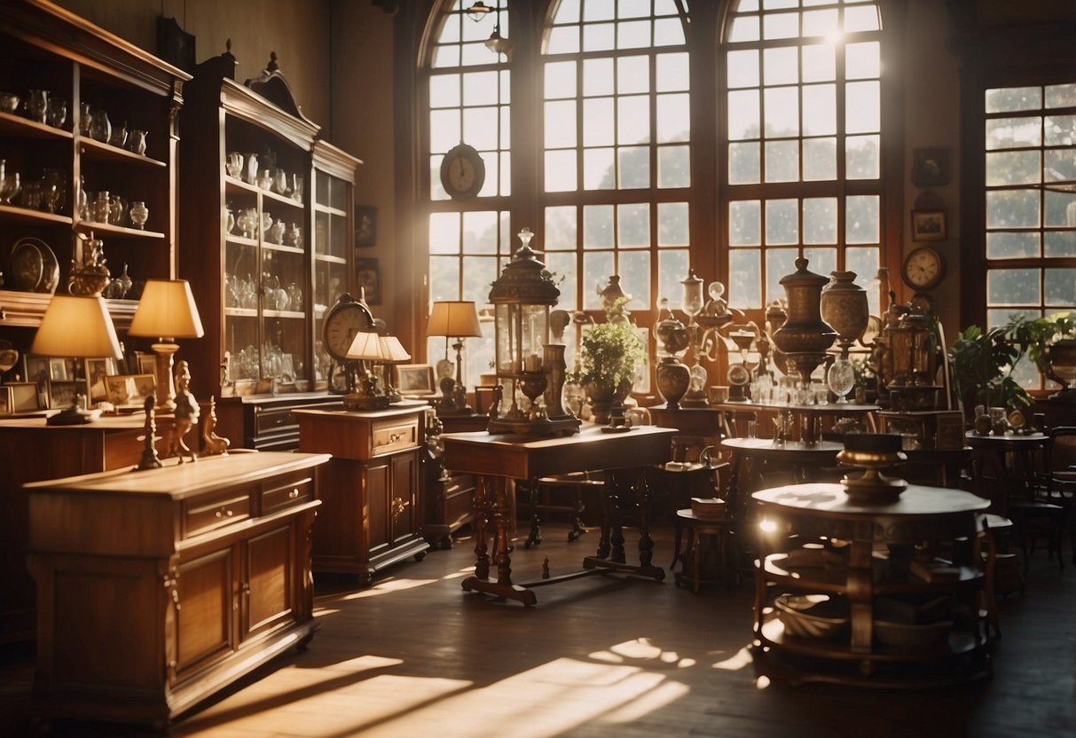 A well-lit antique store with polished wooden furniture arranged neatly. Sunlight streams through the windows, casting a warm glow on the vintage treasures