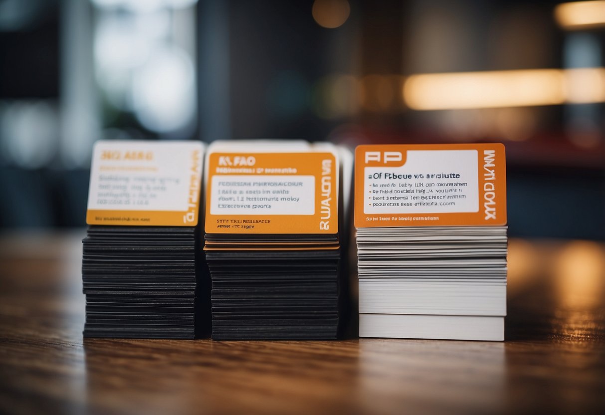 A stack of FAQ cards next to a modern furniture display