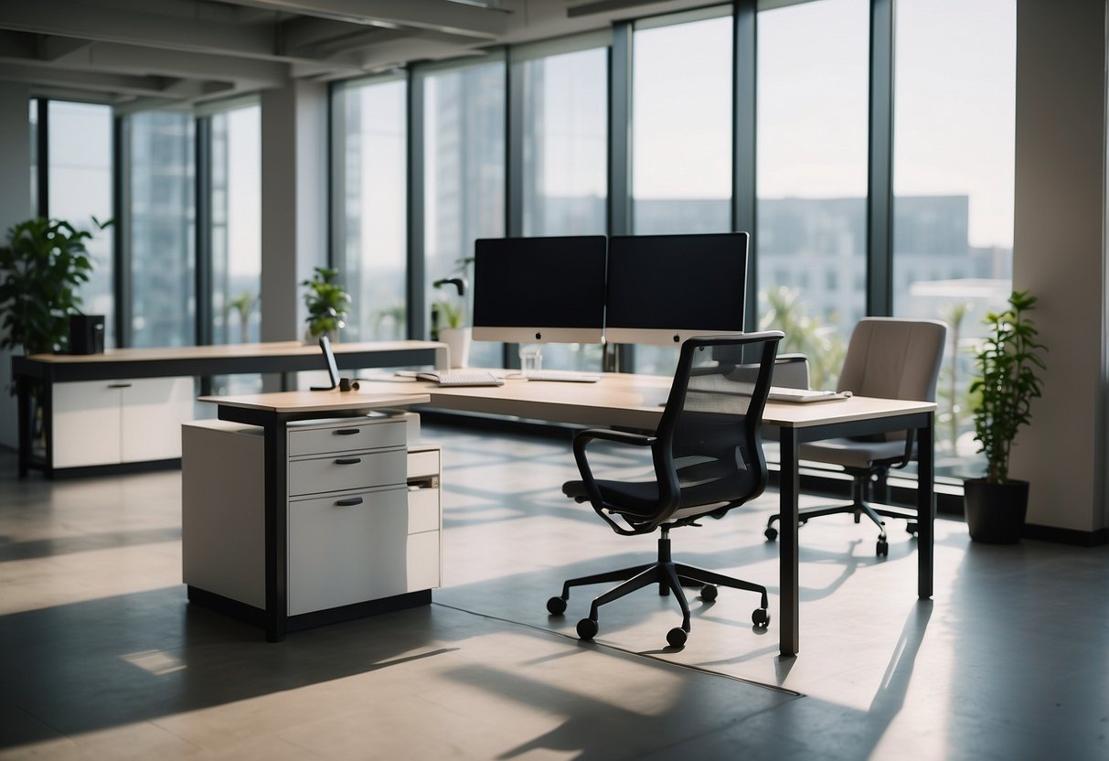 Modern office furniture arranged in a spacious, well-lit room with sleek desks, ergonomic chairs, and stylish storage units