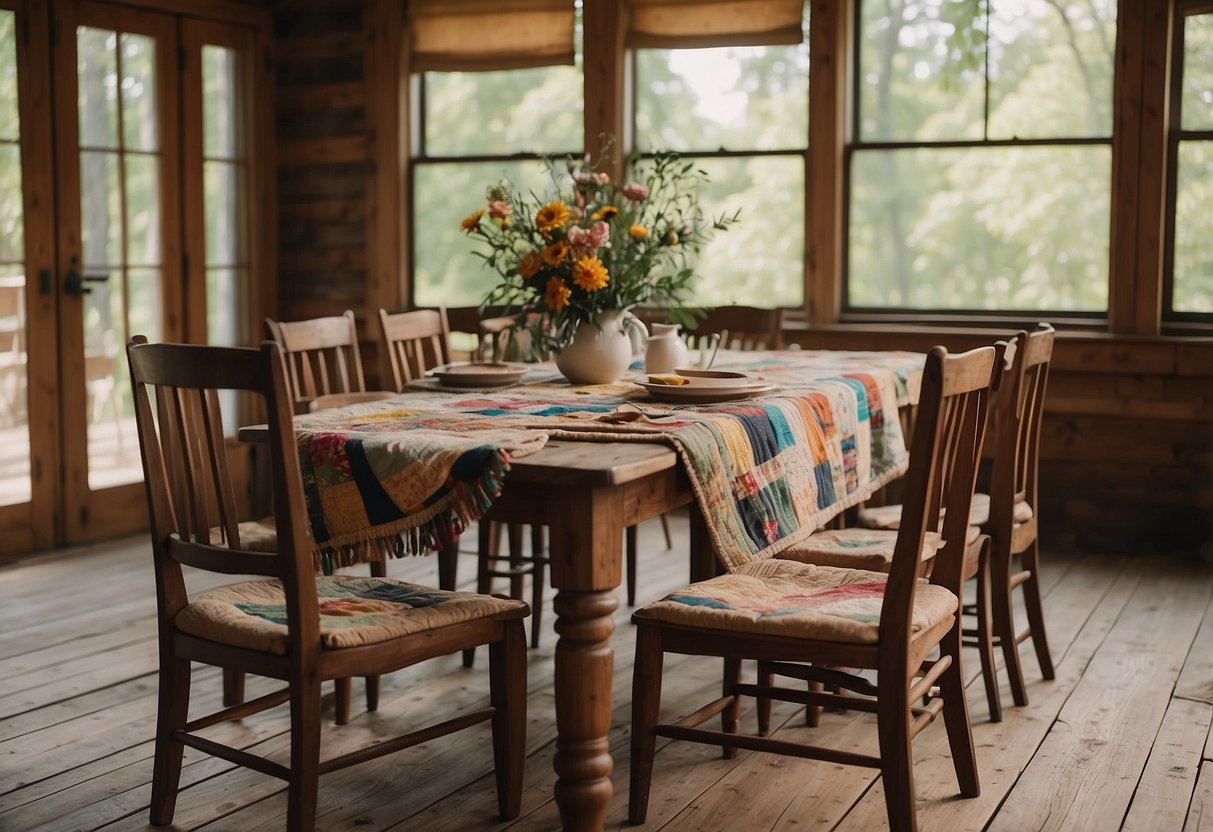 A rustic farmhouse table surrounded by mismatched wooden chairs, with a vintage quilt draped over the back of one chair
