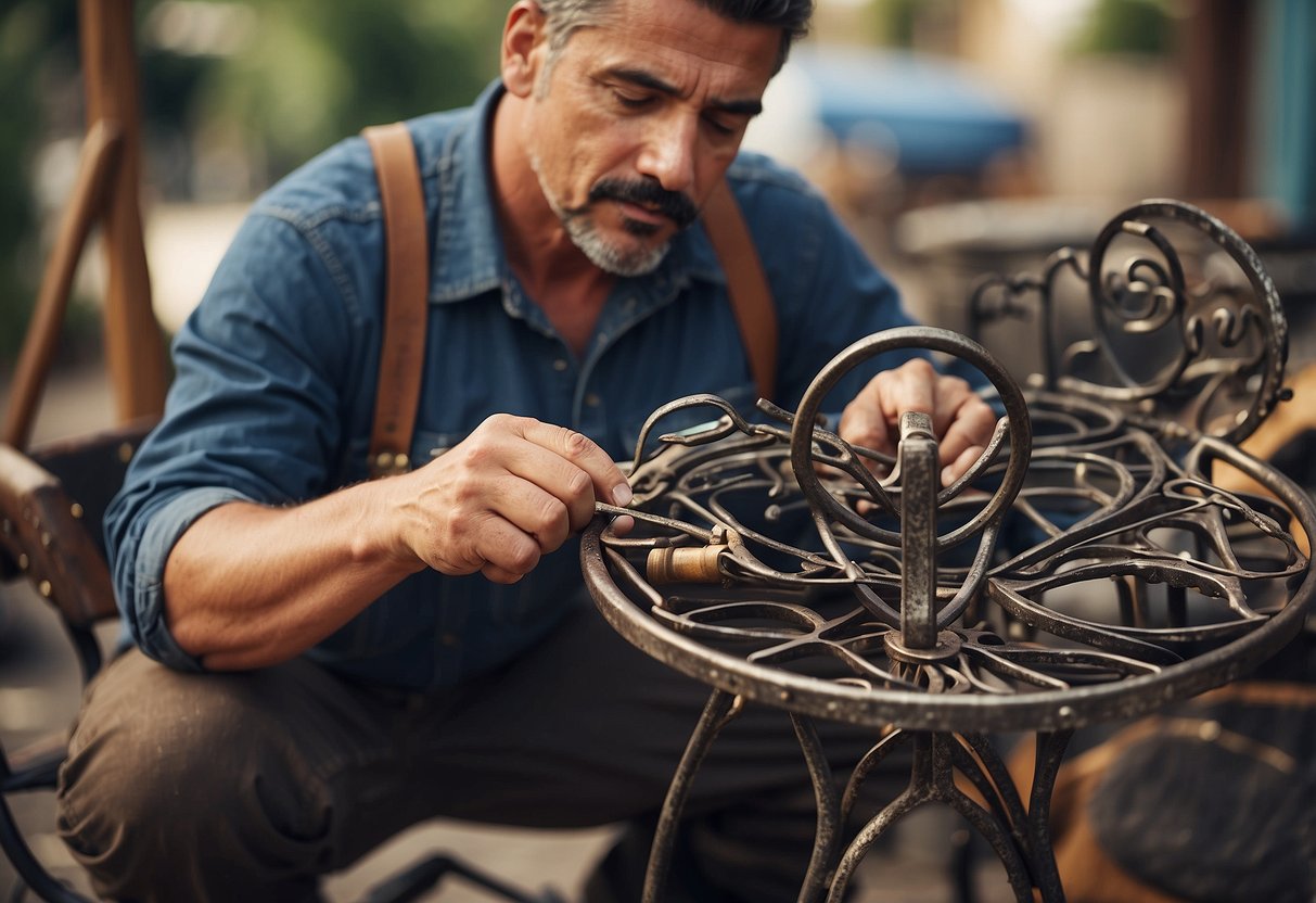 A craftsman repairing a broken wrought iron chair with tools and materials scattered around