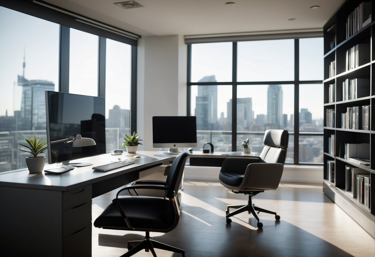 A modern office space with sleek furniture designs and ample natural light streaming in through large windows. A minimalist desk and ergonomic chair are positioned in front of a stylish bookshelf, creating a clean and organized workspace