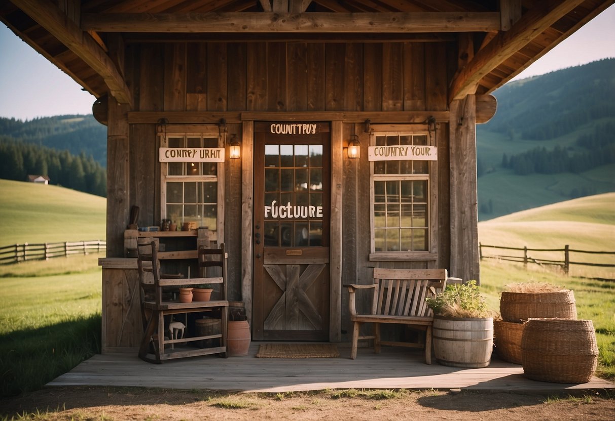 A rustic barn nestled in rolling hills, with a sign reading "Country Furniture Near You" and a quaint wooden storefront