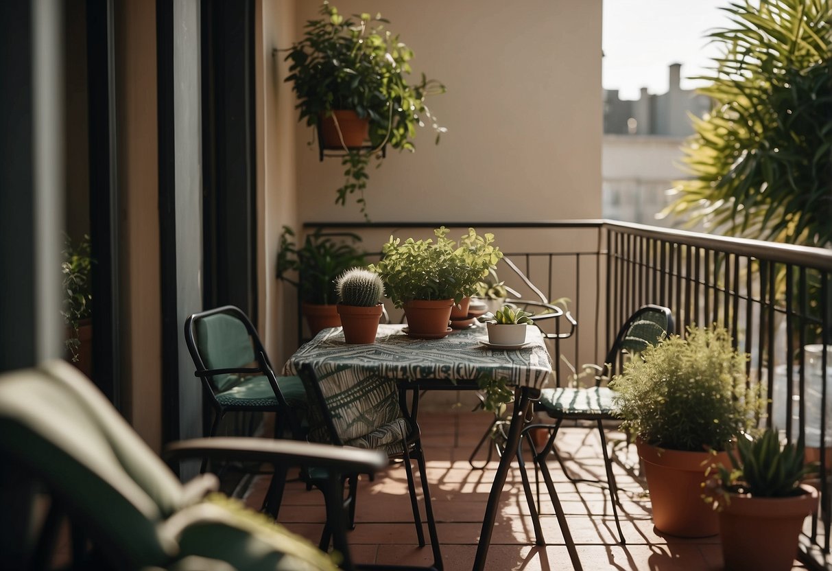 A small apartment balcony with a table, chairs, and potted plants