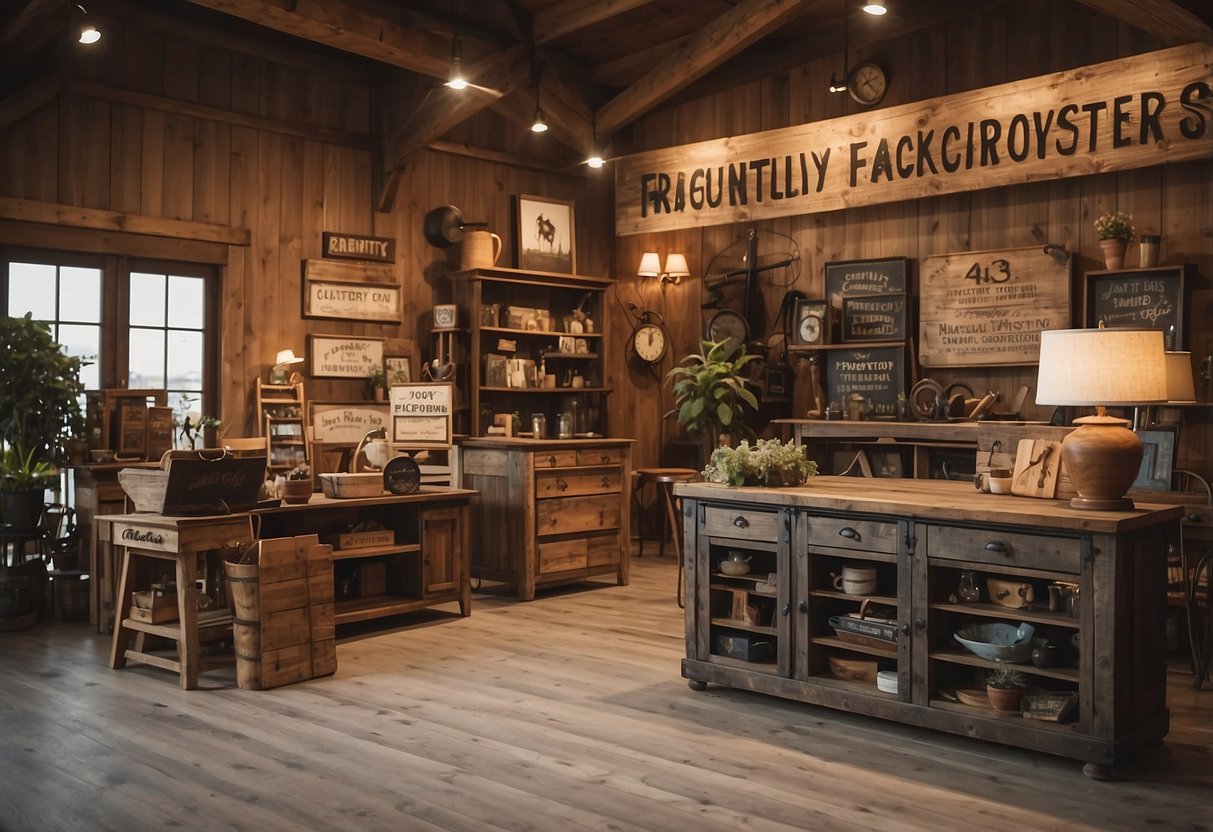 A rustic country furniture store with a sign "Frequently Asked Questions" and a map showing nearby locations