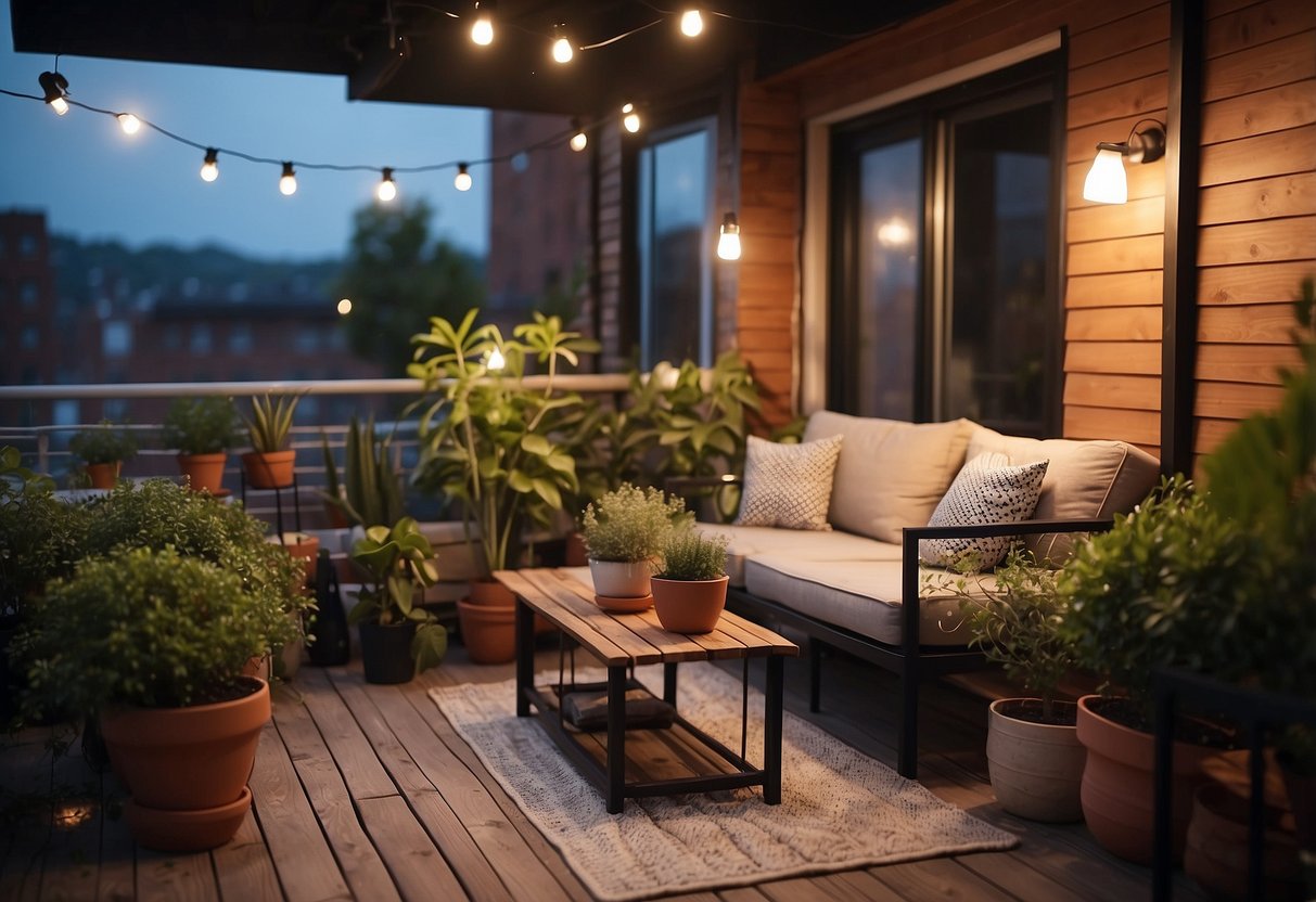 A cozy apartment balcony with modern patio furniture, potted plants, and string lights, creating a welcoming outdoor space