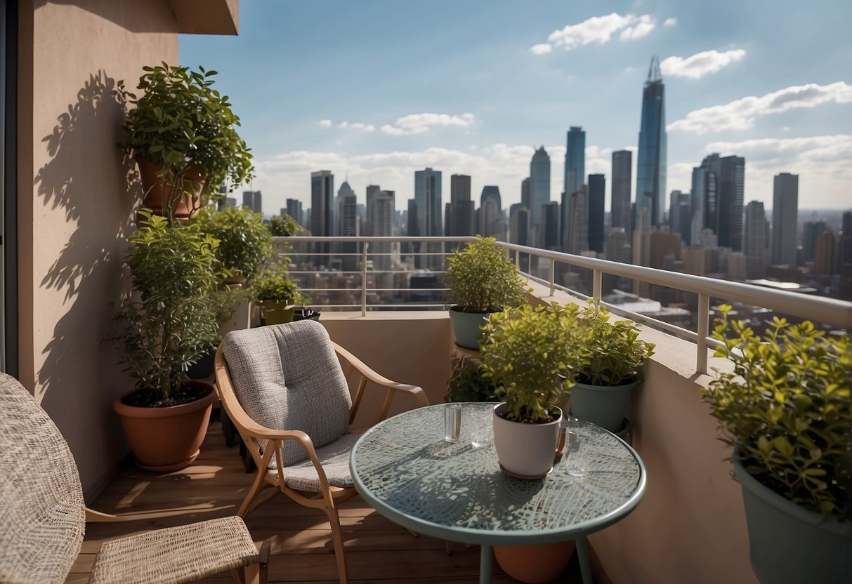A small apartment balcony with modern patio furniture, including a table and chairs, surrounded by potted plants and a city skyline in the background