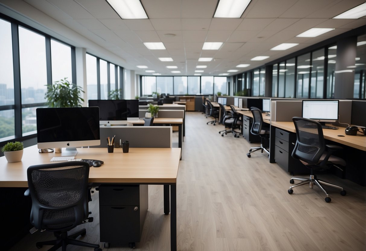 The office space is filled with ergonomic chairs, adjustable desks, and soft lighting, creating a comfortable and productive environment