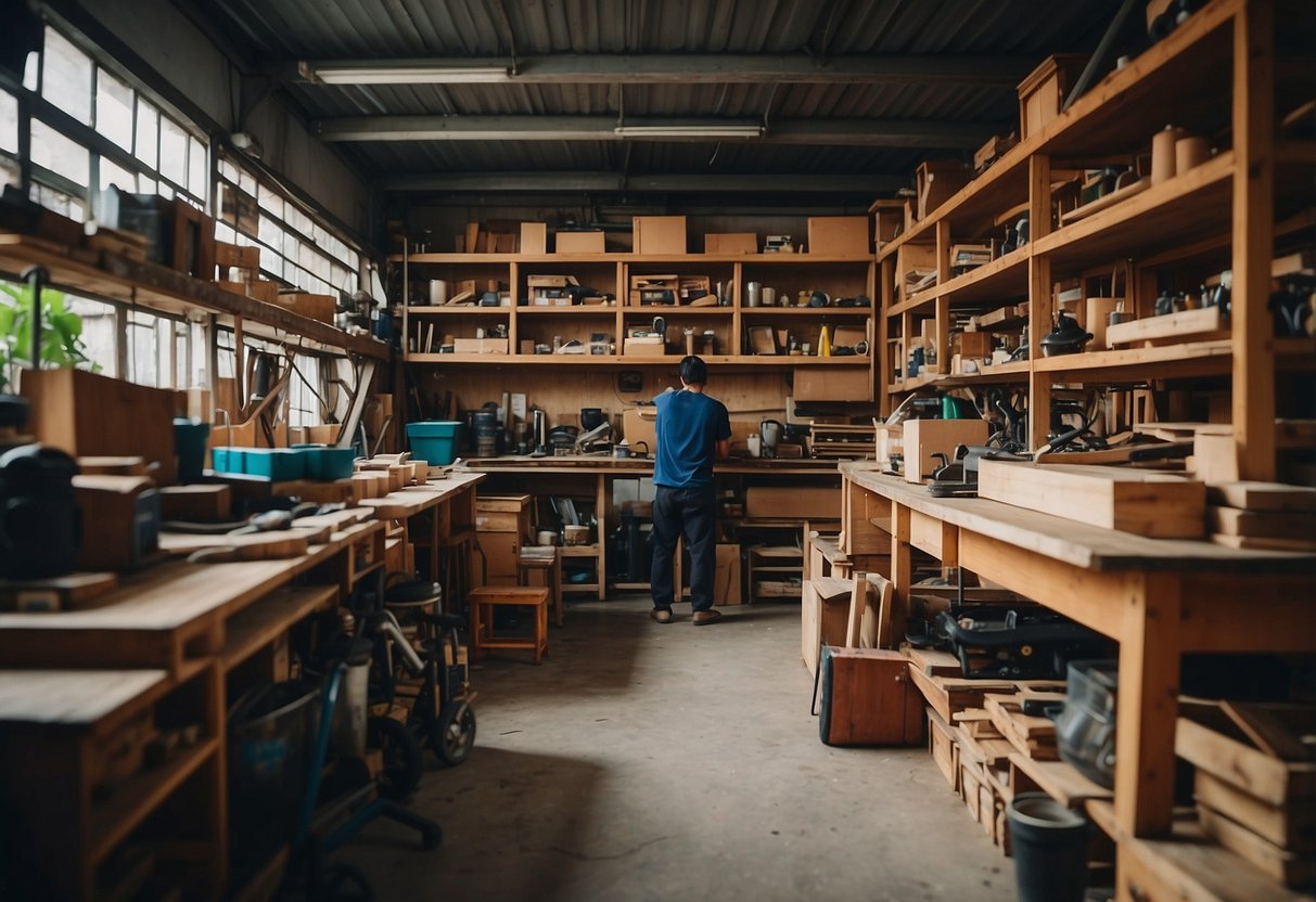 A cluttered workshop with shelves of wood, tools, and unfinished furniture pieces in Bukit Batok