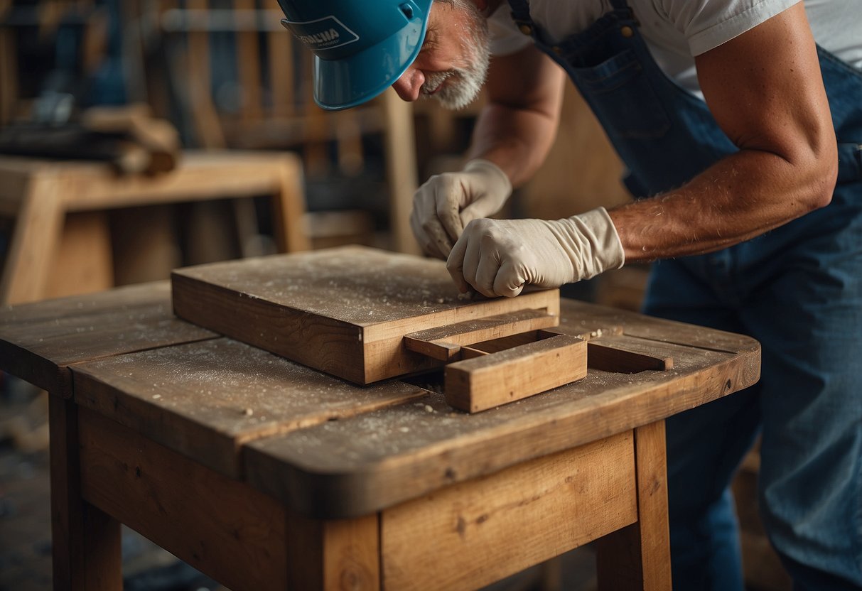 A worn-out wooden chair is being sanded and varnished by a skilled craftsman in a workshop, bringing it back to its former glory