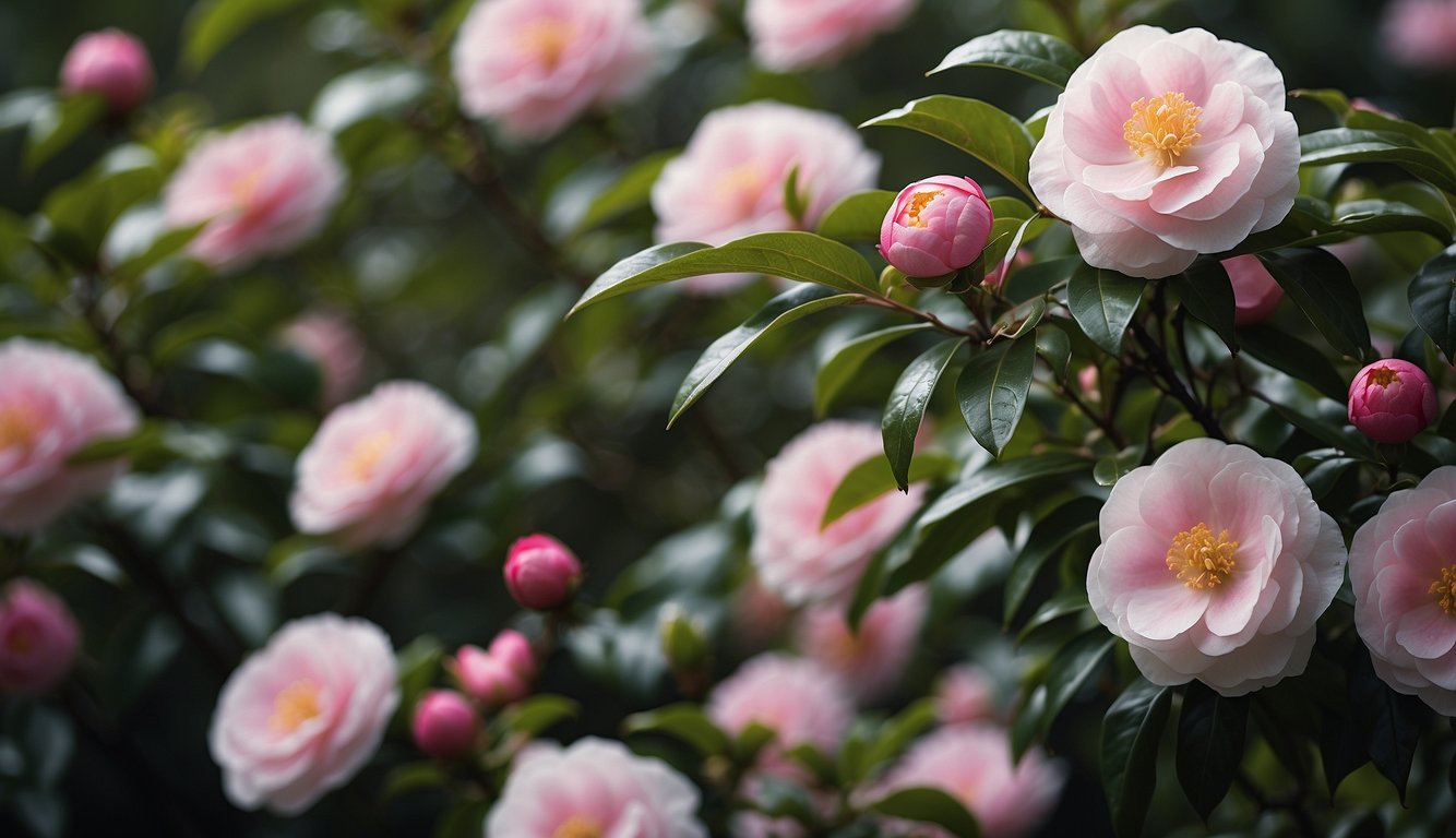 A garden filled with sasanqua camellia varieties in full bloom. The vibrant flowers range from white to deep pink, set against glossy green foliage