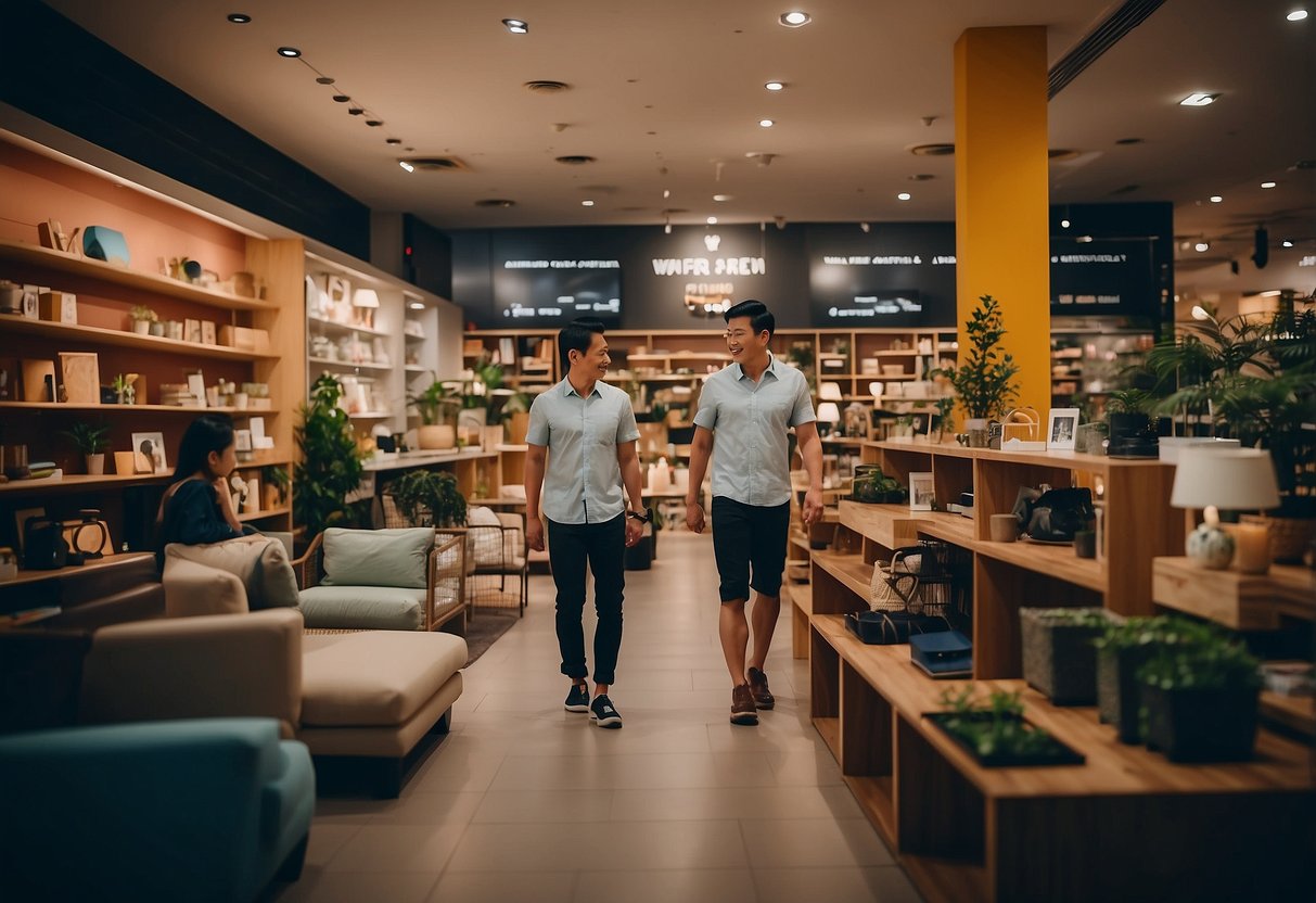 People exploring furniture stores in Bukit Batok. Shelves lined with various items. Bright lighting and colorful displays. Customers browsing and interacting with furniture pieces