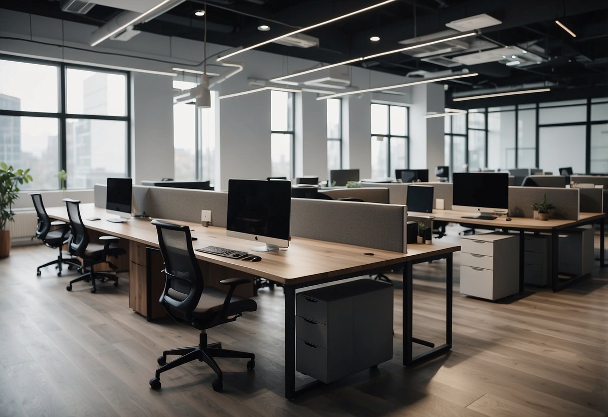 A modern office with sleek, ergonomic furniture arranged in an open layout, with a mix of standing desks and comfortable seating options
