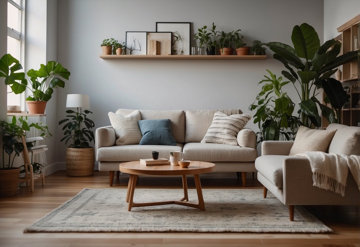 A living room with a cozy sofa, coffee table, and bookshelf. A rug on the floor, and plants and artwork on the walls