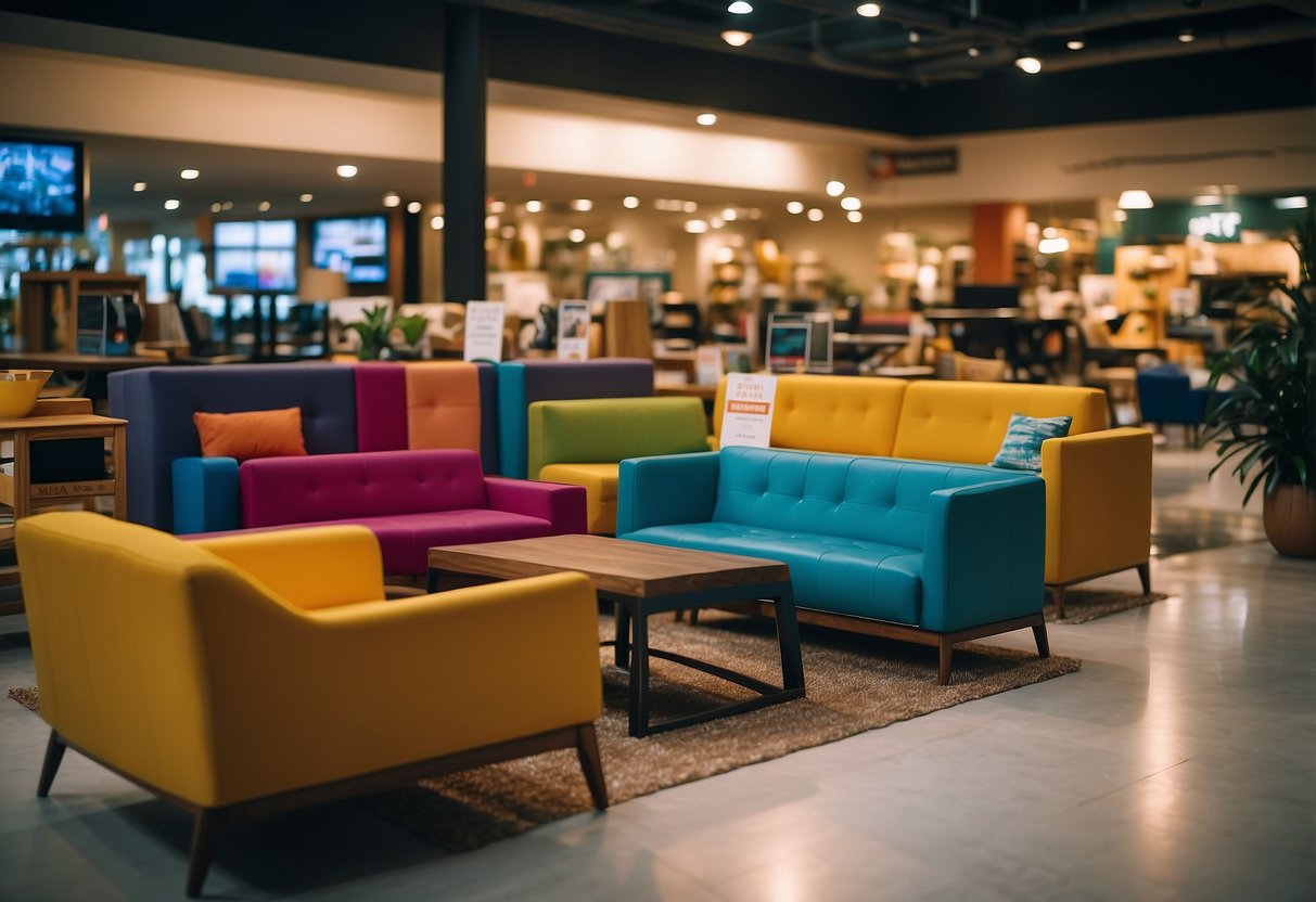 A colorful display of furniture with a "Frequently Asked Questions" sign in a busy Bukit Batok furniture store
