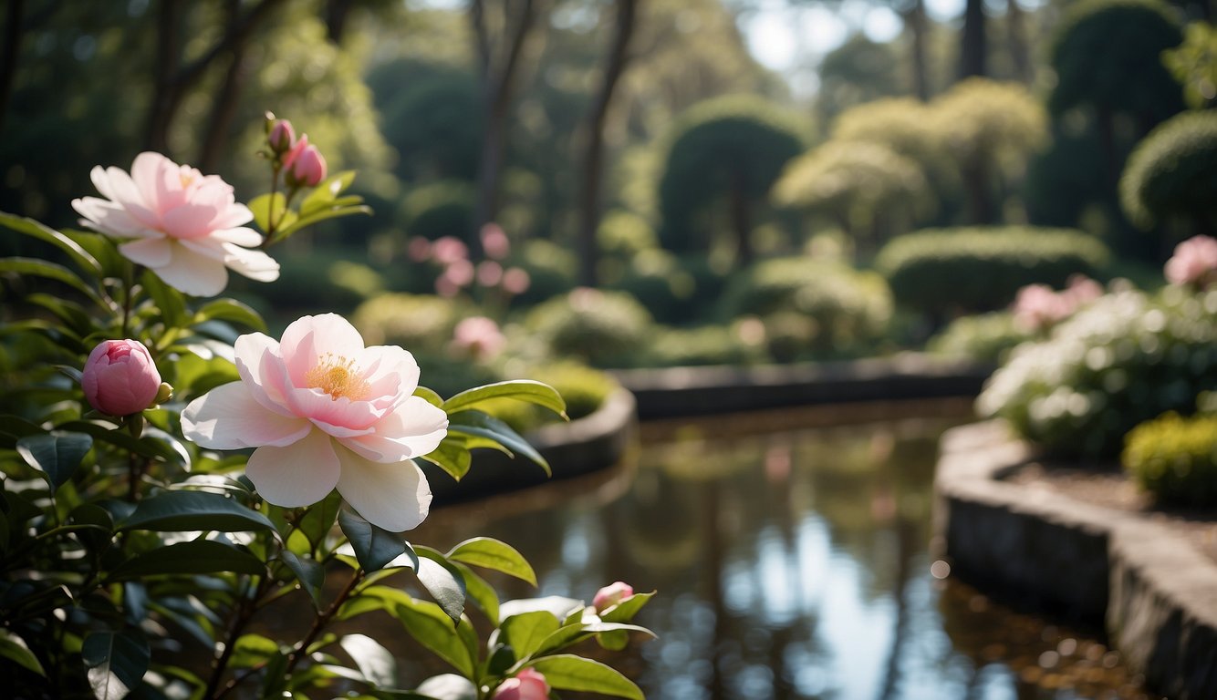 A serene garden with sasanqua camellias in full bloom, winding pathways, and a tranquil pond. Tall trees provide dappled shade, creating a peaceful and inviting atmosphere
