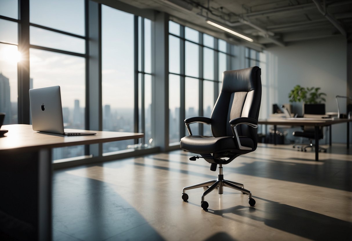 A sleek office chair with ergonomic support, adjustable armrests, and a cushioned seat sits in a modern workspace with a clean desk and ample natural light
