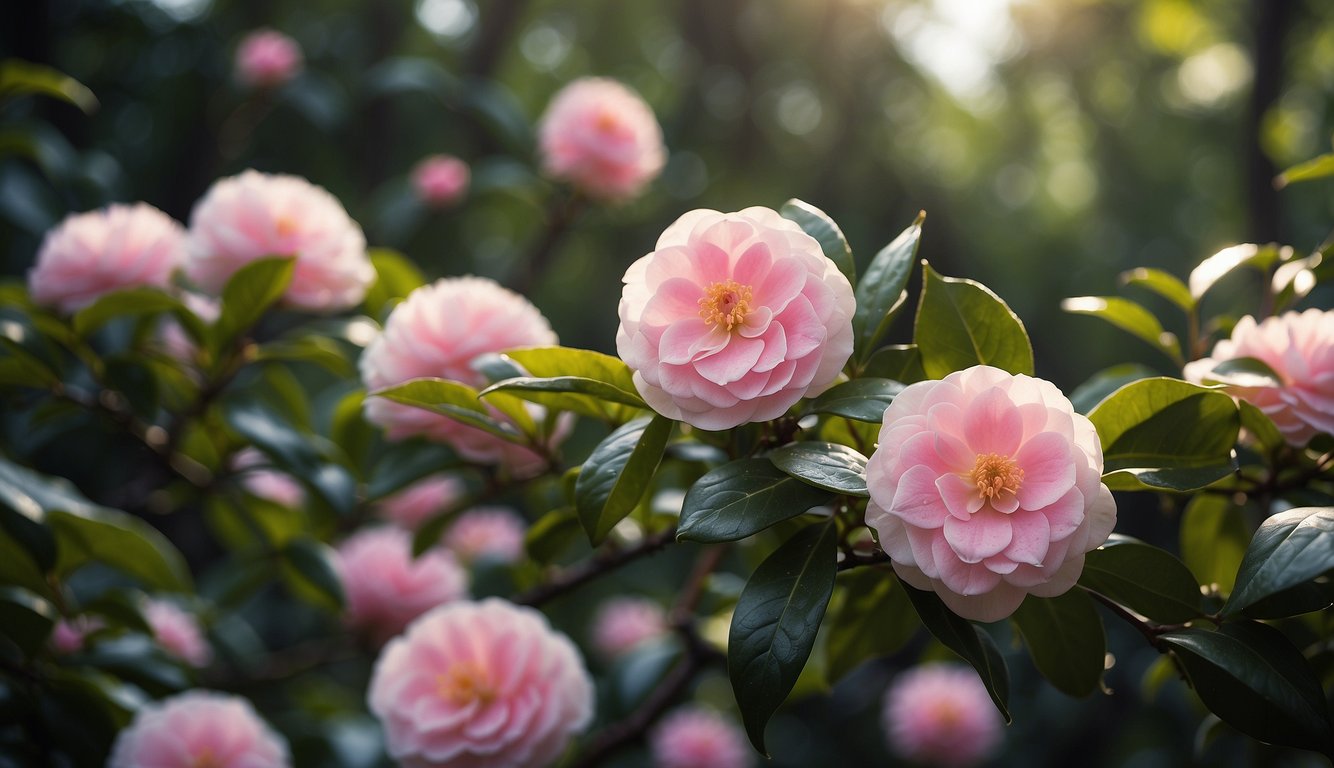 Sasanqua camellia varieties being carefully tended and protected in a lush garden setting