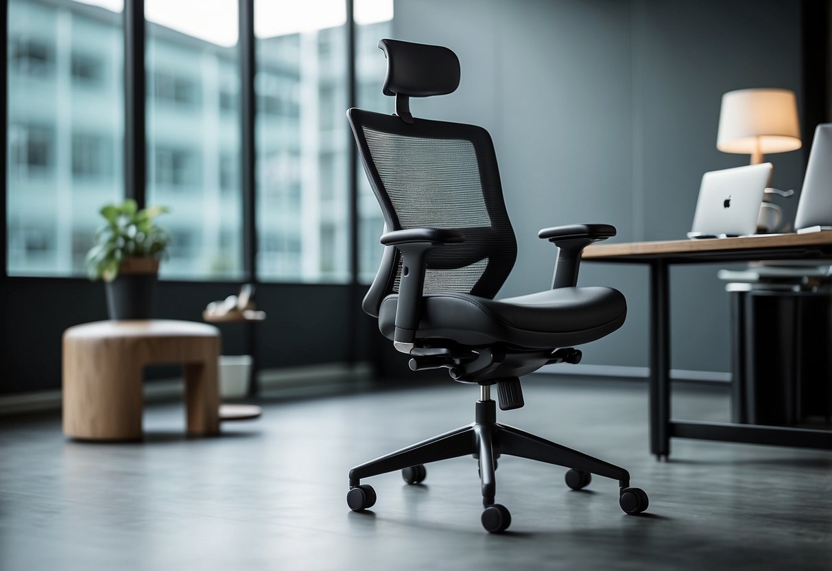 A comfortable office chair with ergonomic design, adjustable armrests, lumbar support, and breathable mesh back