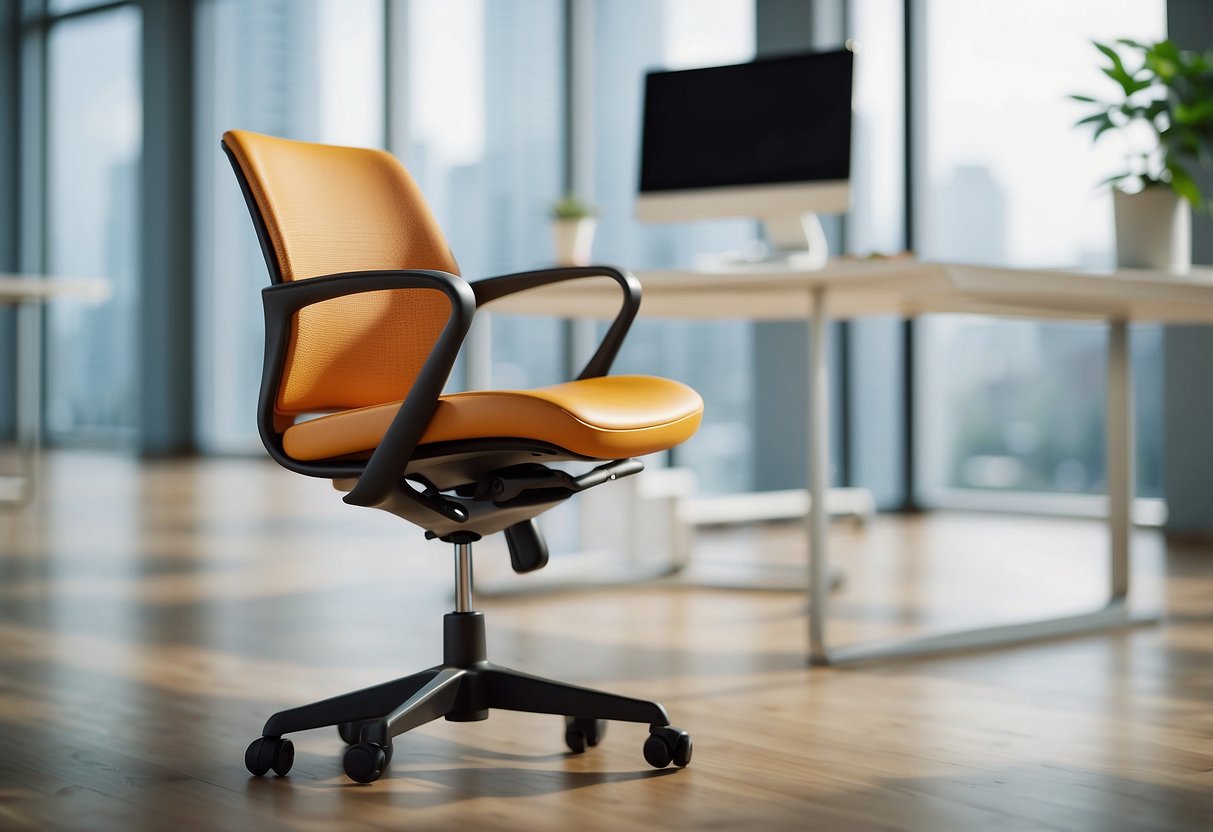A modern office chair with ergonomic design, adjustable features, and sleek appearance sits in a well-lit workspace