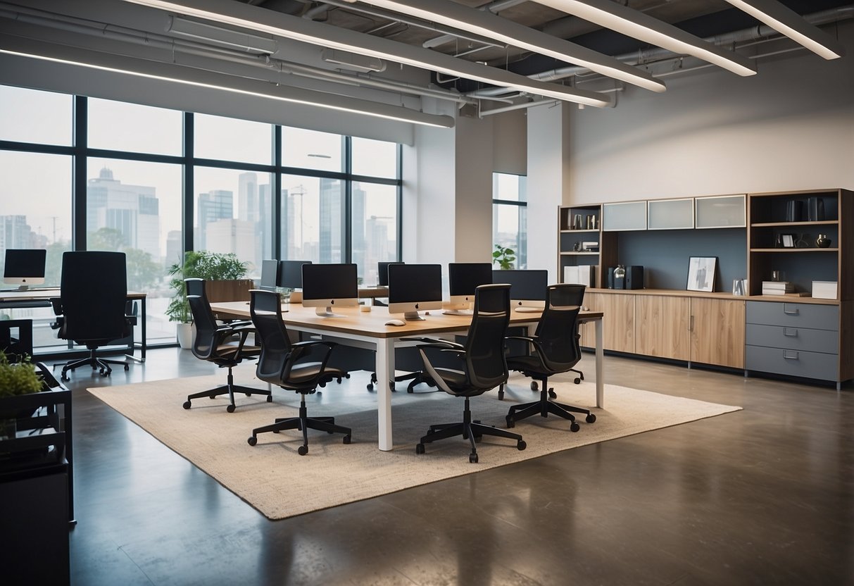 A spacious showroom displays a variety of modern office furniture, including desks, chairs, and storage units. Bright lighting and clean lines create a professional and inviting atmosphere