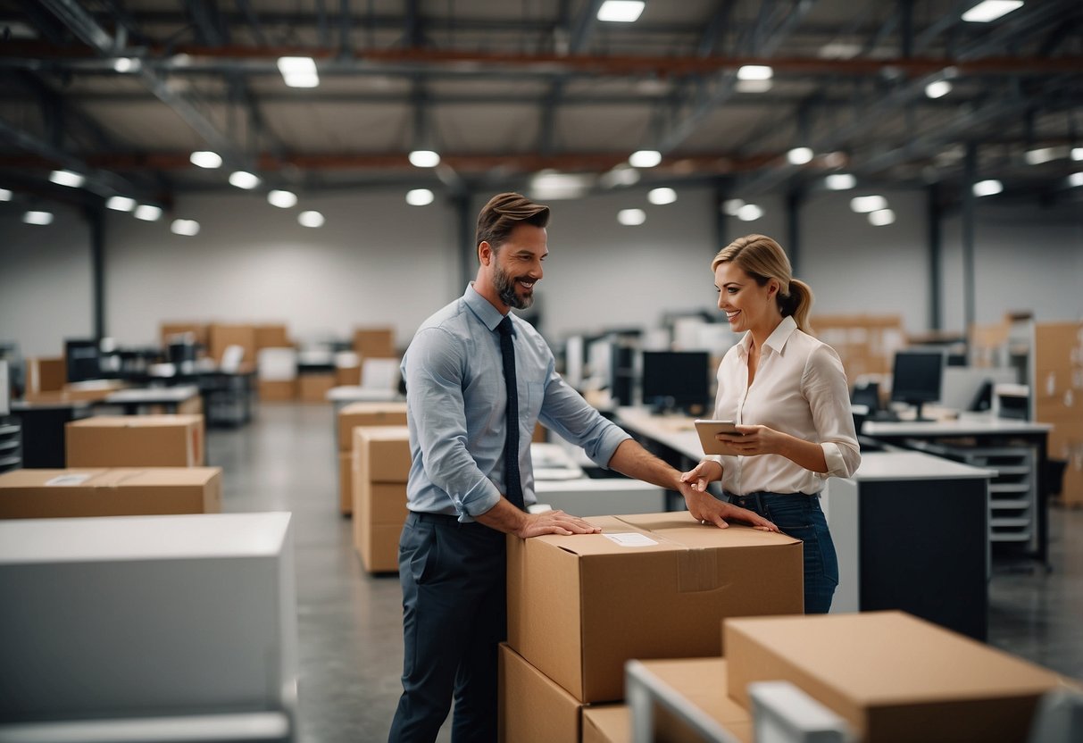 A spacious warehouse filled with modern office furniture. A customer service representative assists a client in selecting and purchasing items