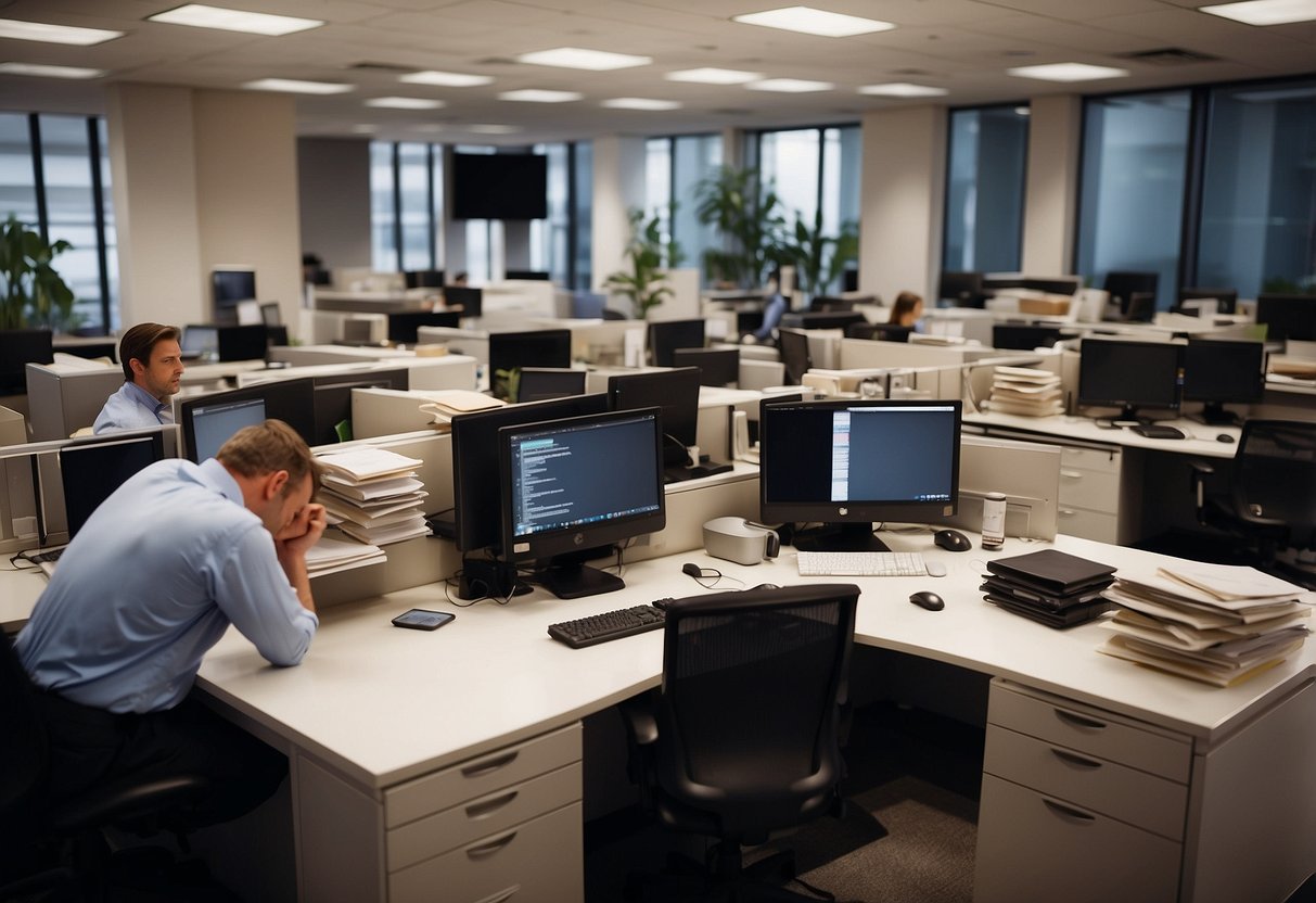 A busy office with employees asking questions about wholesale furniture. Desks, chairs, and filing cabinets are being discussed