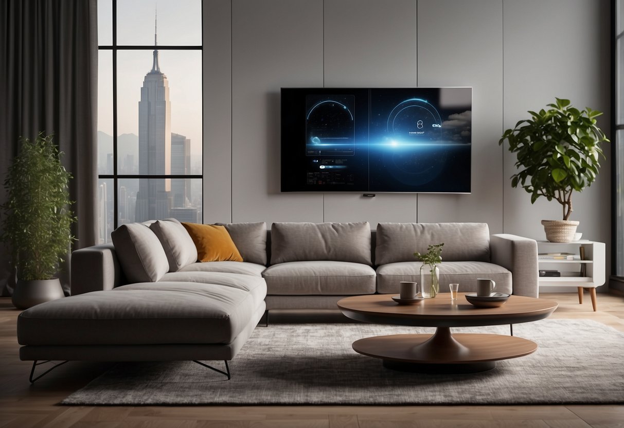 A modern living room with AI furniture: a sleek, minimalist sofa, a smart coffee table with built-in screens, and a voice-controlled lighting system