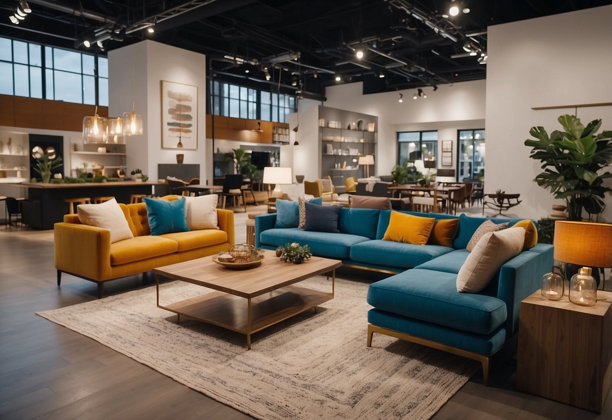 A spacious showroom with modern furniture displays and vibrant home decor items. Bright lighting and clean lines create an inviting atmosphere for customers to explore