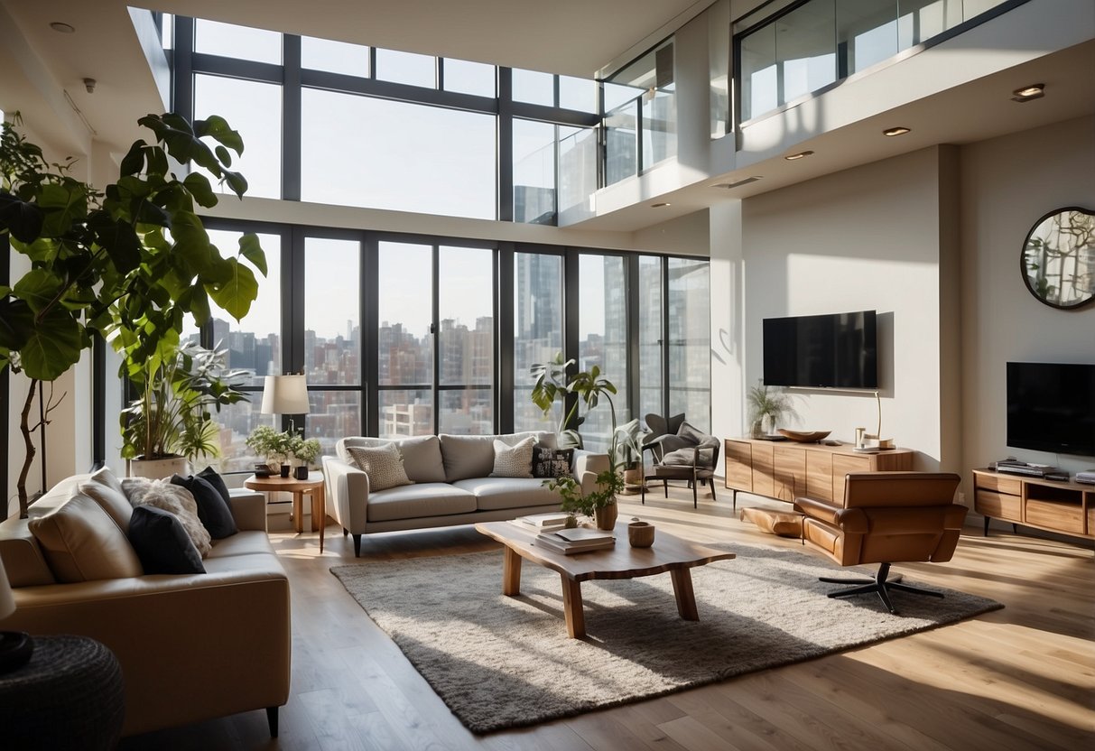 A modern living room with sleek furniture and vibrant decor. The space is well-lit with natural light and features a mix of home and commercial furnishings