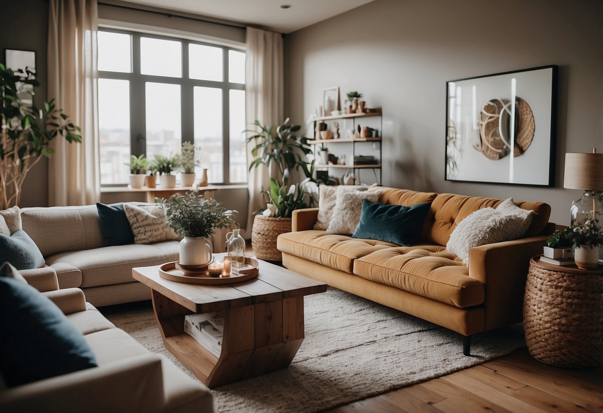 A cozy living room with 2xl furniture and home decor, featuring stylish accent pieces and comfortable seating arrangements