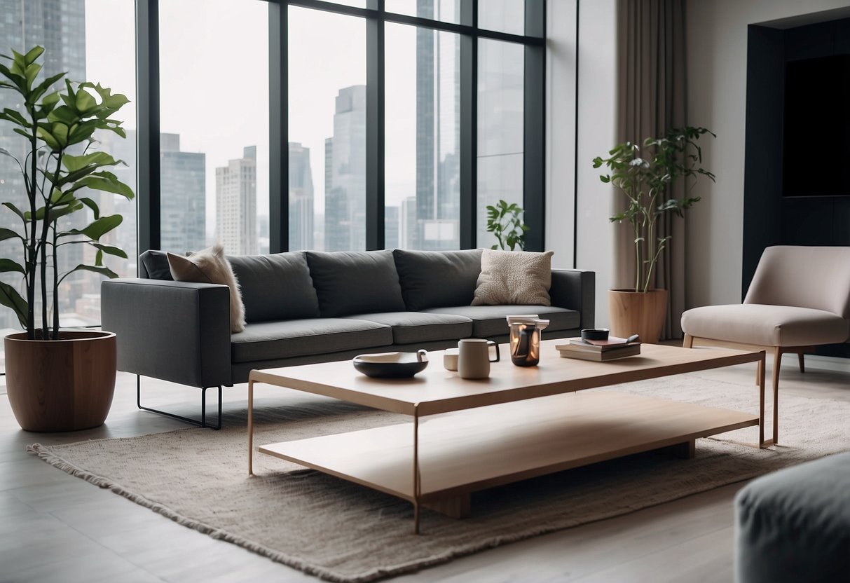 A modern living room with AI furniture, featuring a sleek sofa and smart coffee table. The room is bathed in natural light, with a minimalist design and futuristic ambiance