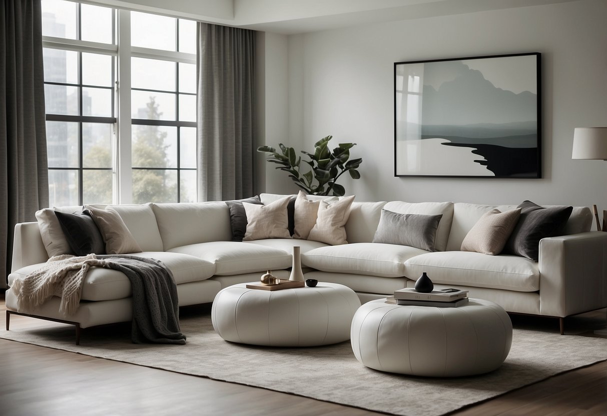 A modern living room with white furniture and minimalist decor. Clean lines and a neutral color palette create a serene and elegant atmosphere