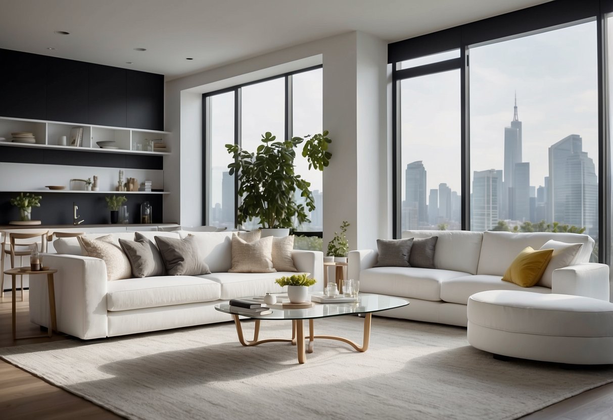 A bright, modern living room with sleek white furniture and minimalistic decor. The catalog cover features the company logo and contact information in a clean, elegant font