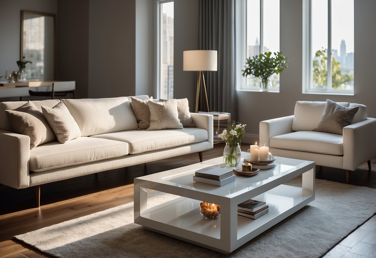 A clean, modern living room with white furniture, soft lighting, and a sleek design. Catalogs and product details are neatly displayed on a coffee table