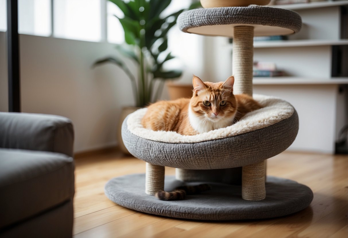 A cozy living room with modern cat furniture in Singapore. A sleek cat tree, plush beds, and scratching posts fill the space